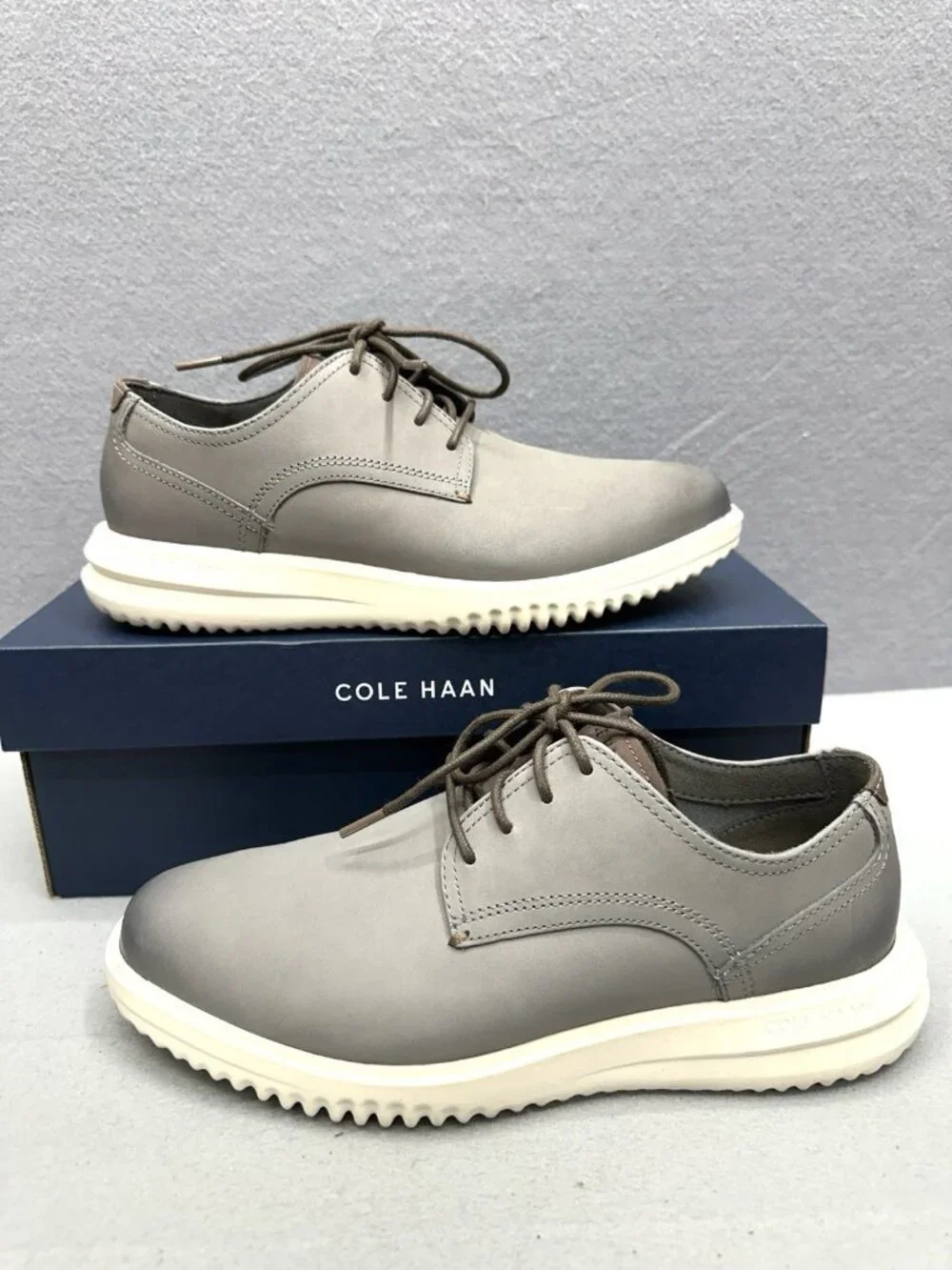 Cole Haan Grand+ Shoes Men Size 8 Gray Plain Toe Leather Oxford C39823 Laces NIB
